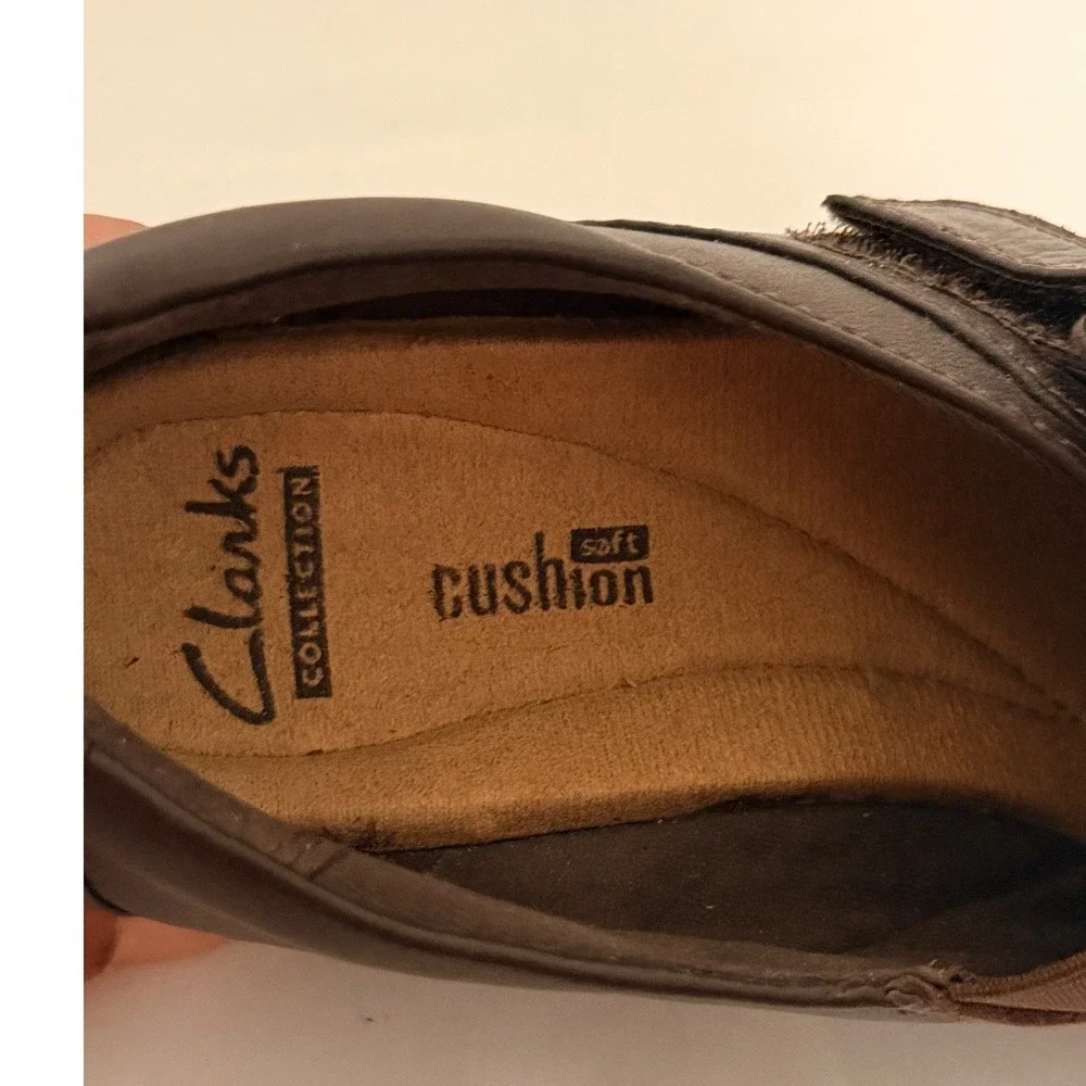 Clarks Collection Everlay Luna Shoes Sz 6 Brown Leather Hook Loop Strap Slip On